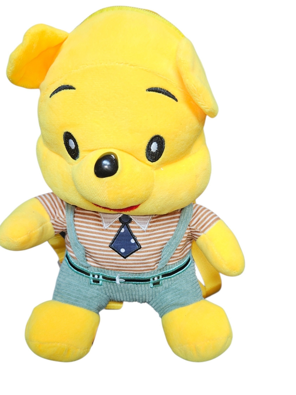 Yellow Plush Stuffed Backpack with Striped Shirt and Overalls